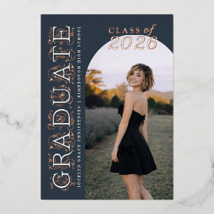 Muted Navy Ivory Photo Graduation Rose Gold Foil Invitation