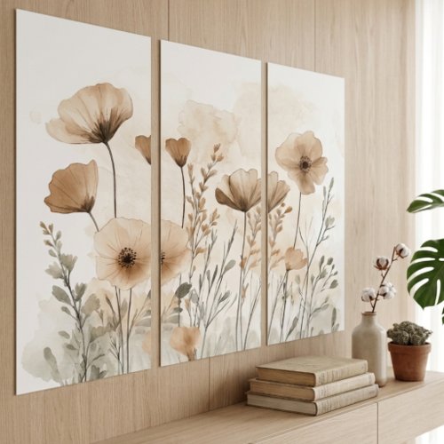 Muted Neutral Beige Watercolor Floral Meadow Triptych