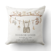 Muted Neutral Boho Baby Boy Nursery Birth Stats Throw Pillow