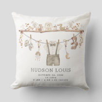 Muted Neutral Boho Baby Boy Nursery Birth Stats Throw Pillow