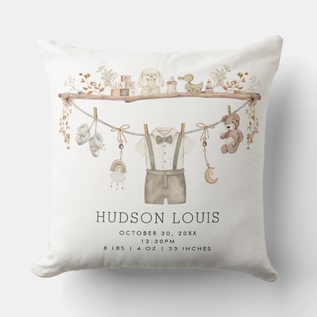 Muted Neutral Boho Baby Boy Nursery Birth Stats Throw Pillow (Front)