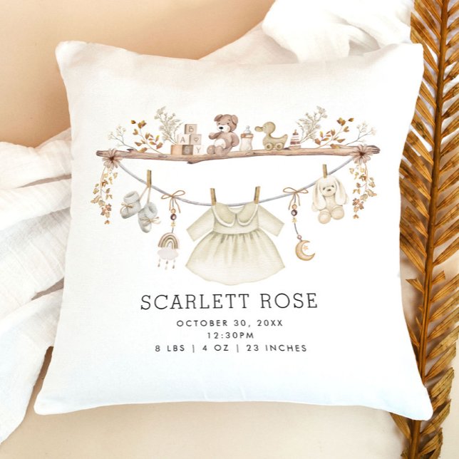 Muted Neutral Boho Baby Girl Nursery Birth Stats Throw Pillow (Creator Uploaded)