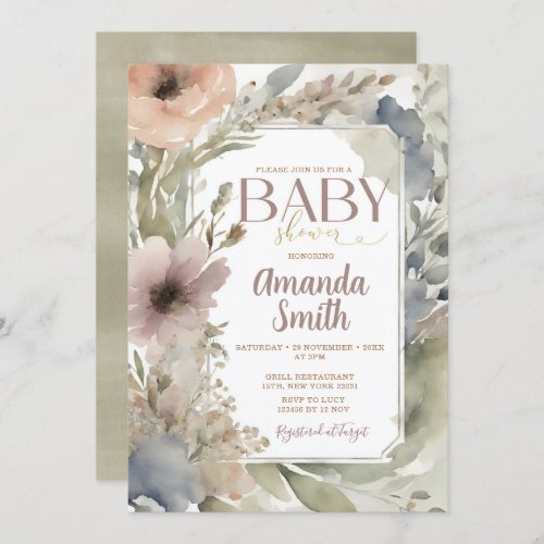 Muted Neutral Wildflowers Baby Shower Watercolor Invitation