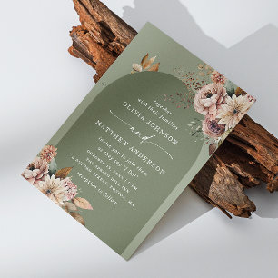 Muted Olive Green Arch Wedding Boho Dusty Sage Invitation