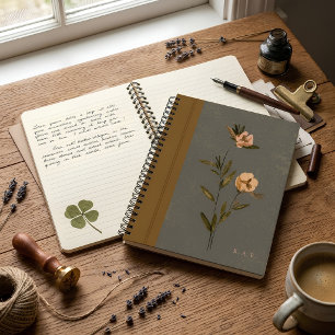 Muted Olive Green & Gold Floral Faux Leather Notebook