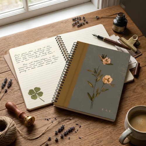 Muted Olive Green &amp; Gold Floral Faux Leather  Notebook
