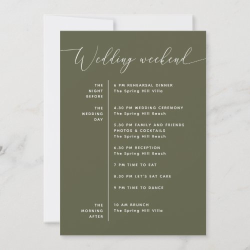 Muted Olive Green Modern Wedding Weekend Itinerary Invitation