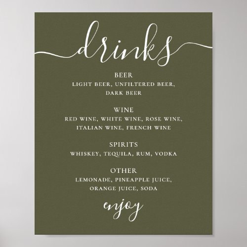 Muted Olive Green Wedding Bar | Modern Drinks Menu Poster