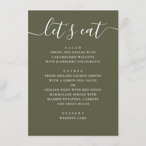 Muted Olive Green Wedding. Modern Garden Reception Menu