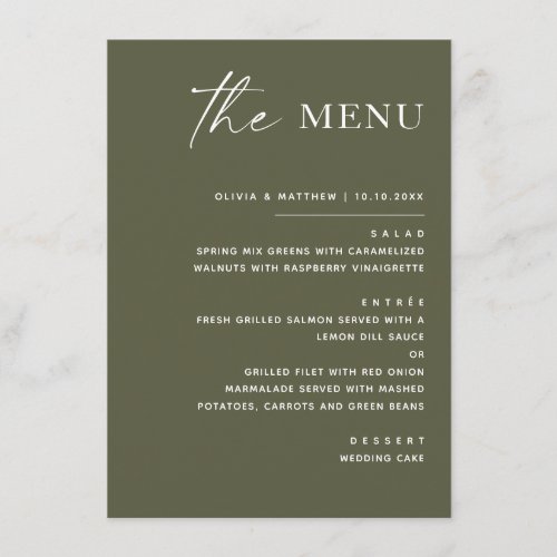 Muted Olive Green Wedding | Modern Minimalist Menu