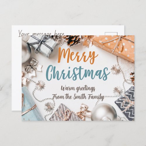 Muted orange navy silver merry Christmas Holiday Postcard