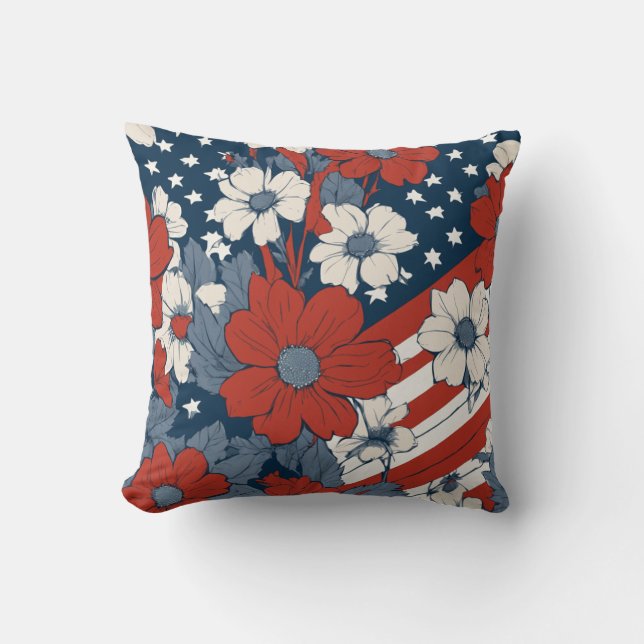 Muted Pastel American Flag and Flowers Throw Pillow (Front)