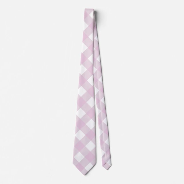 muted pastel pink white gingham plaid print neck tie (Front)
