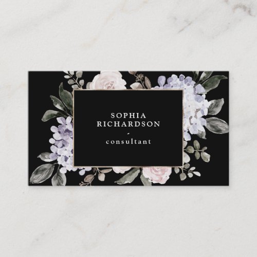 Muted Pastel Watercolor Hydrangea Floral  Black Business Card