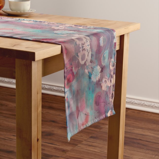 Muted pink and blue abstract flowers short table runner (In Situ)