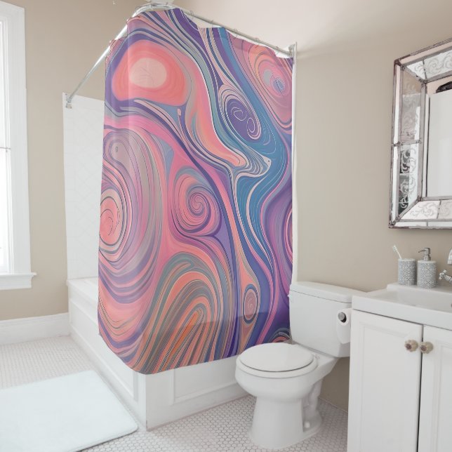 Muted pink and purple marble shower curtain (In Situ)