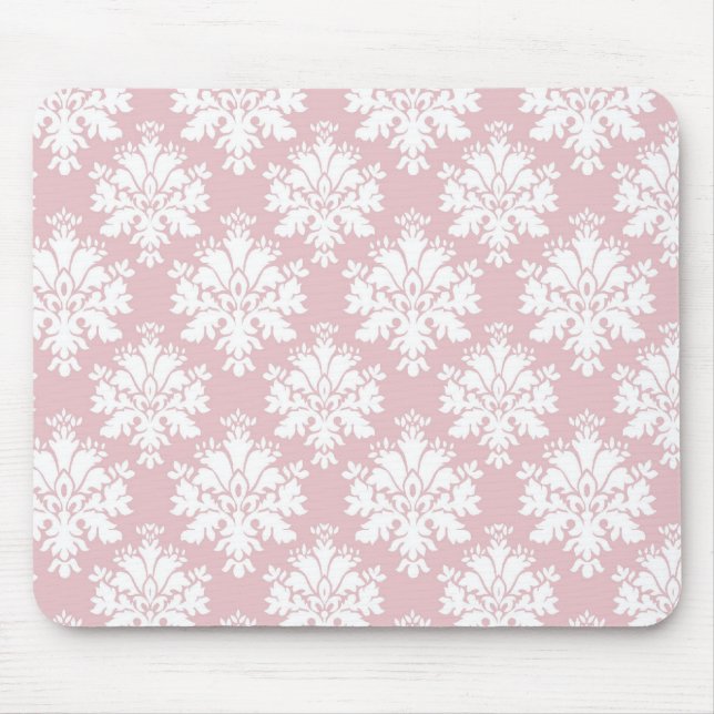 muted pink and white cream damask pattern mouse pad (Front)