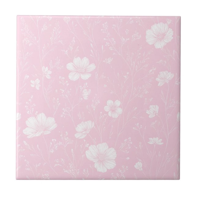 Muted Pink And White Wildflower Pattern Ceramic Tile (Front)