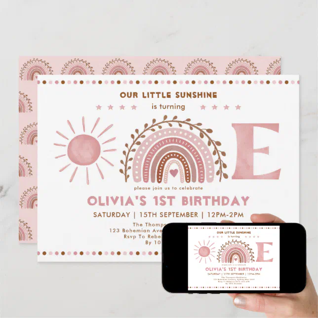 Muted Pink Brown Rainbow & Sunshine 1st Birthday Invitation Zazzle