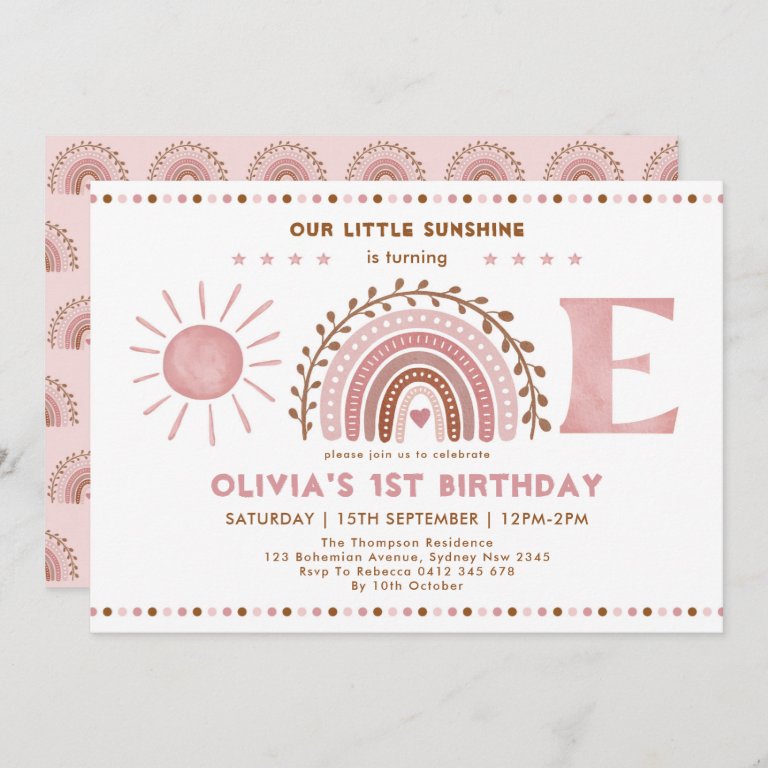 Muted Pink Brown Rainbow &amp; Sunshine 1st Birthday Invitation