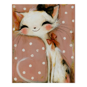 Muted Pink Crimson Red Smiling Cat Poster