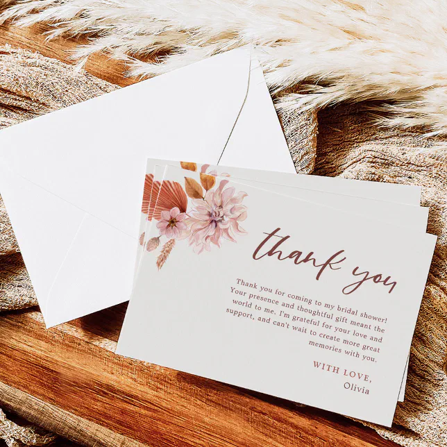Muted Pink Floral Bridal Shower Thank You Card | Zazzle
