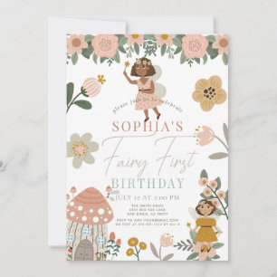 Muted Pink Floral Dark Skin Fairy First Birthday Invitation