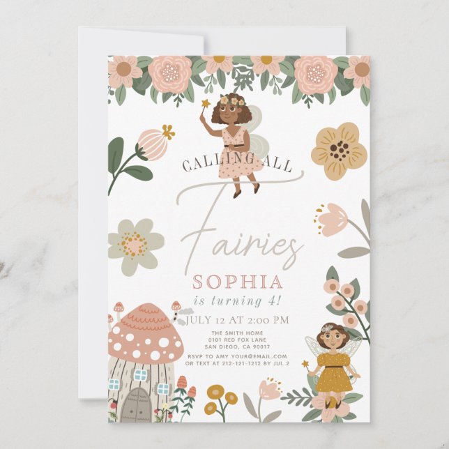 Muted Pink Floral Dark Skin Fairy Girl Birthday Invitation (Front)