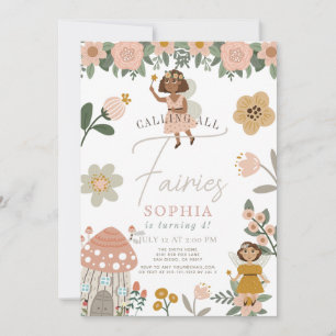 Muted Pink Floral Dark Skin Fairy Girl Birthday Invitation
