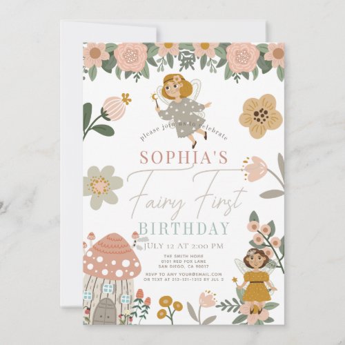 Muted Pink Floral Fairy First Birthday Invitation