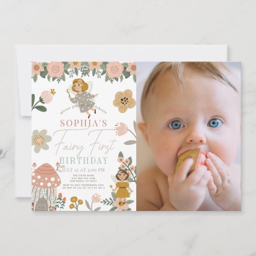 Muted Pink Floral Fairy First Birthday Photo Invitation