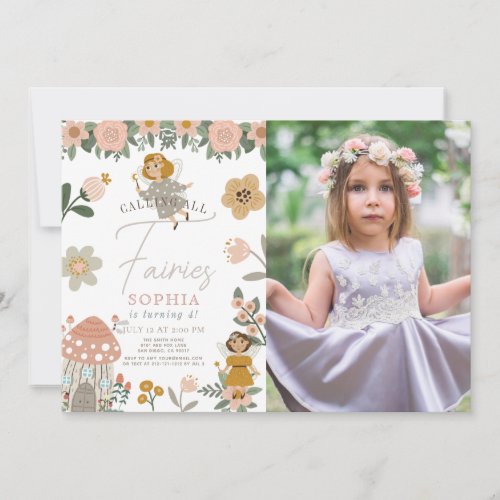 Muted Pink Floral Fairy Girl Birthday Photo Invitation