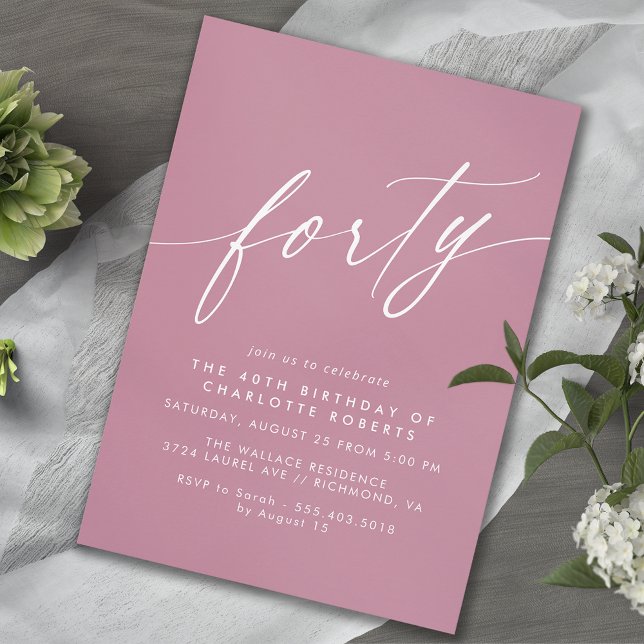 Muted Pink | Girly Modern Women's 40th Birthday Invitation (Creator Uploaded)
