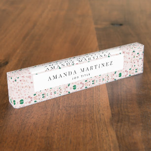 Muted Pink & Green Terrazzo Pattern Modern Desk Name Plate