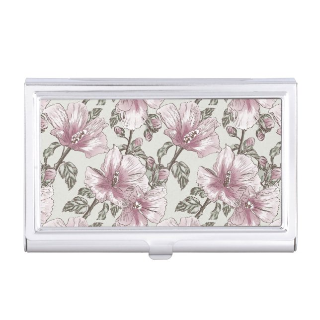 Muted Pink Hibiscus Flowers Pattern Business Card Holder (Front)