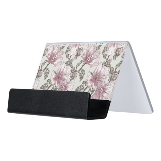 Muted Pink Hibiscus Flowers Pattern Desk Business Card Holder (Angled Front)