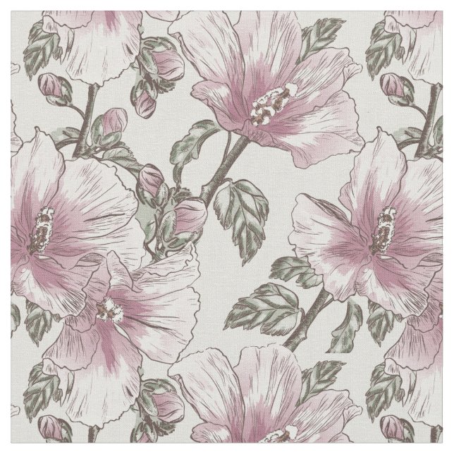 Muted Pink Hibiscus Flowers Pattern Fabric (Close Up)