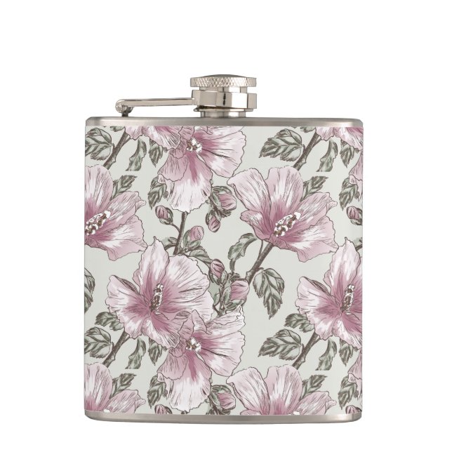 Muted Pink Hibiscus Flowers Pattern Flask (Front)