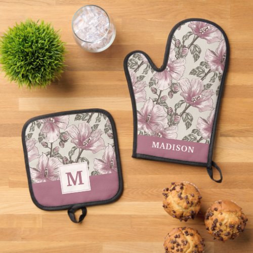 Muted Pink Hibiscus Flowers Pattern Oven Mitt  Pot Holder Set