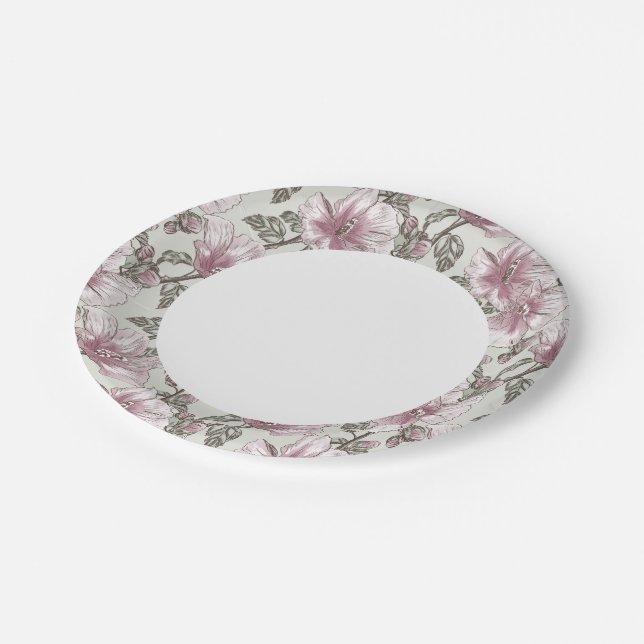 Muted Pink Hibiscus Flowers Pattern Paper Plates (Angled)
