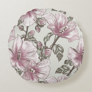 Muted Pink Hibiscus Flowers Pattern Round Pillow