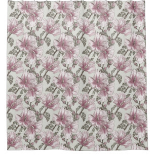 Muted Pink Hibiscus Flowers Pattern Shower Curtain