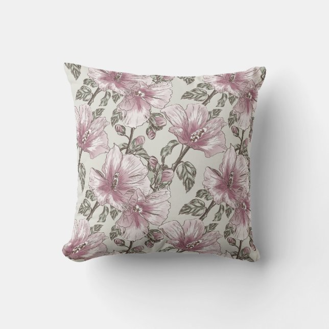 Muted Pink Hibiscus Flowers Pattern Throw Pillow (Front)