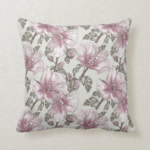 Muted Pink Hibiscus Flowers Pattern Throw Pillow