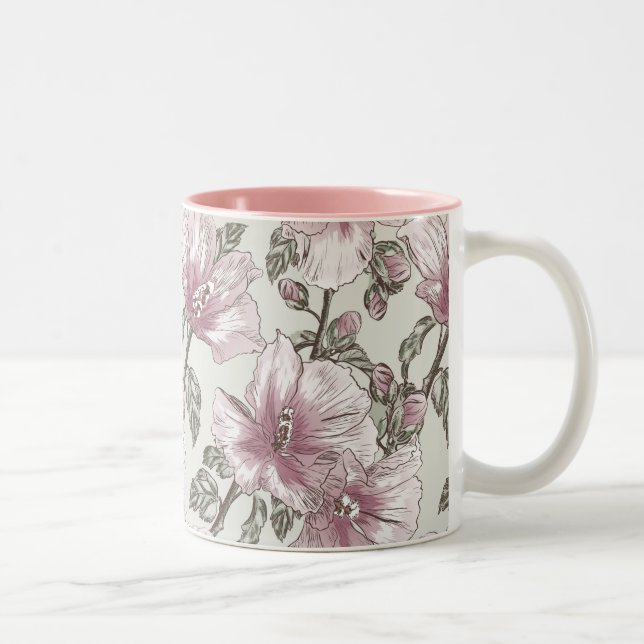 Muted Pink Hibiscus Flowers Pattern Two-Tone Coffee Mug (Right)
