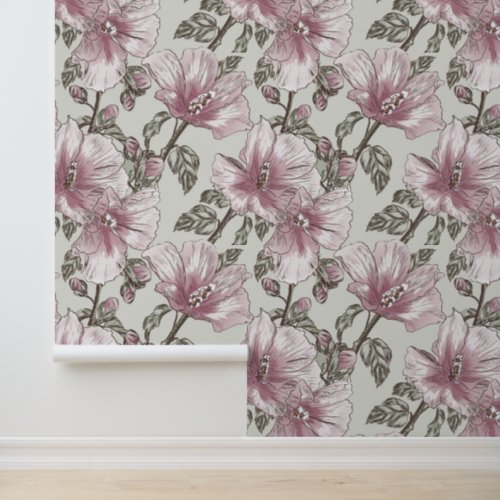 Muted Pink Hibiscus Flowers Pattern Wallpaper