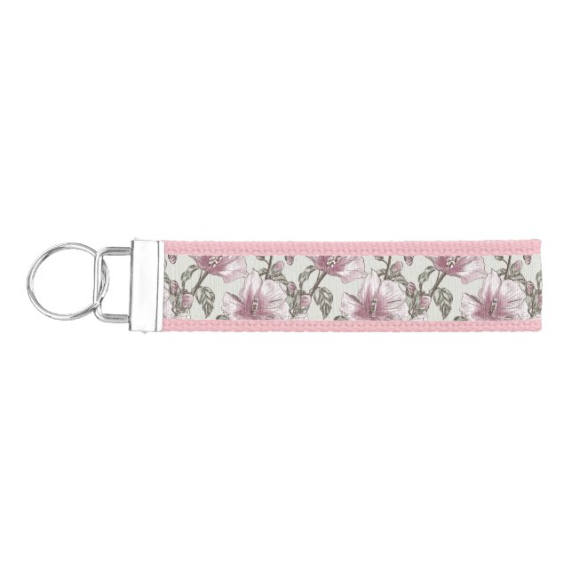 Muted Pink Hibiscus Flowers Pattern Wrist Keychain (Keys on Left)