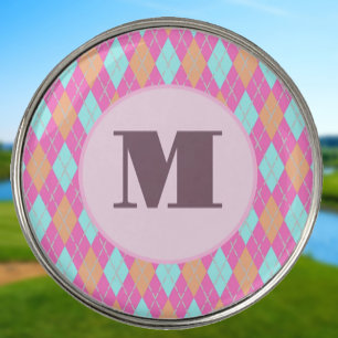Muted pink preppy argyle custom monogram ladies golf ball marker