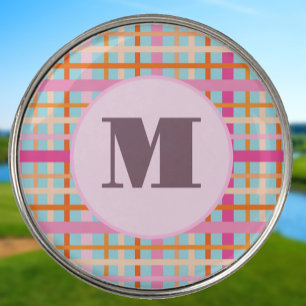 Muted pink preppy plaid custom monogram ladies golf ball marker
