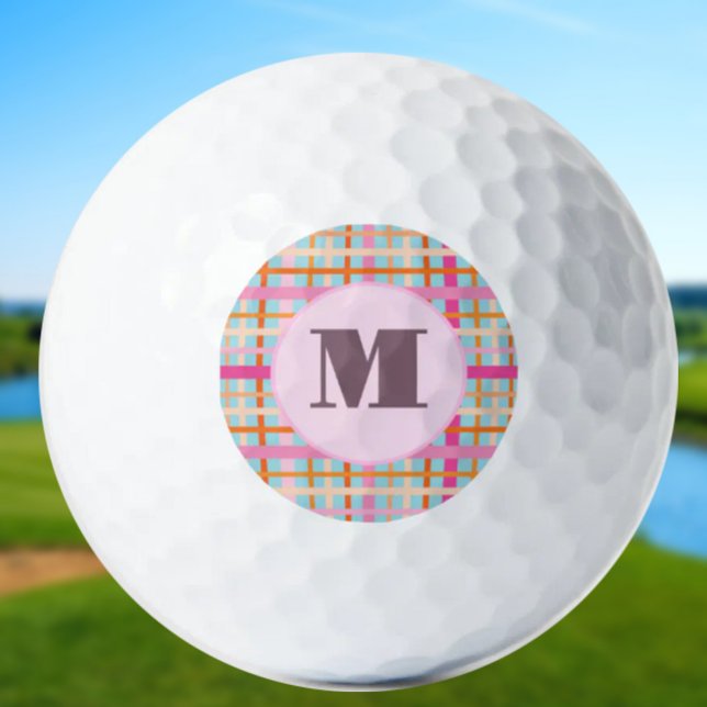 Muted pink preppy plaid custom monogram ladies golf balls (Creator Uploaded)